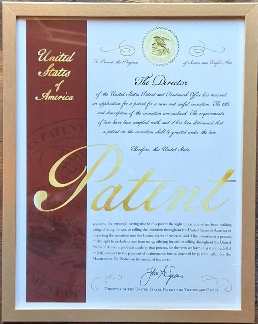 Framed United States Patent certificate granted by the USPTO